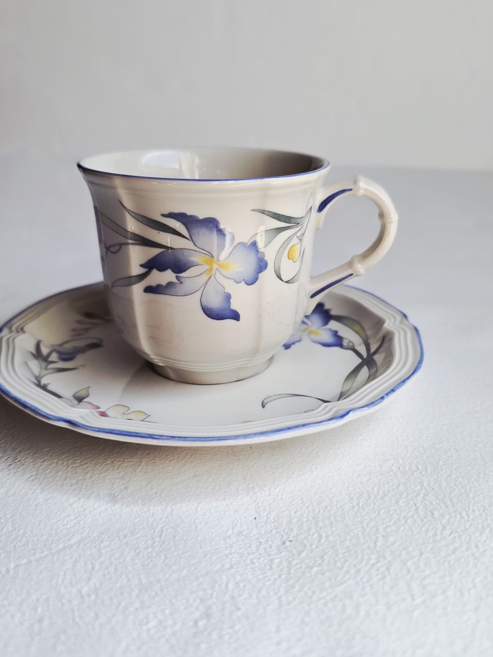 Floral Porcelain Teacup and Saucer - Blue Iris Design